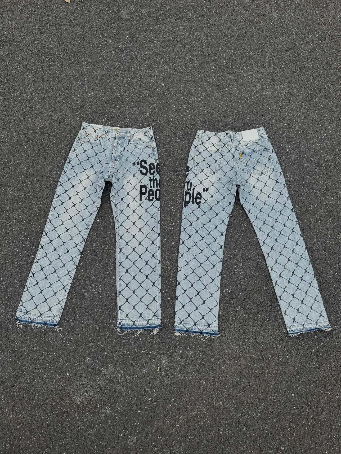 P240💰G786 GALLERY DEPT. Steel mesh letter printed slim jeans jeans casual group trendy American slim men's and women's trousers Color: blue Size: S-XXL (corresponding to 28-36)